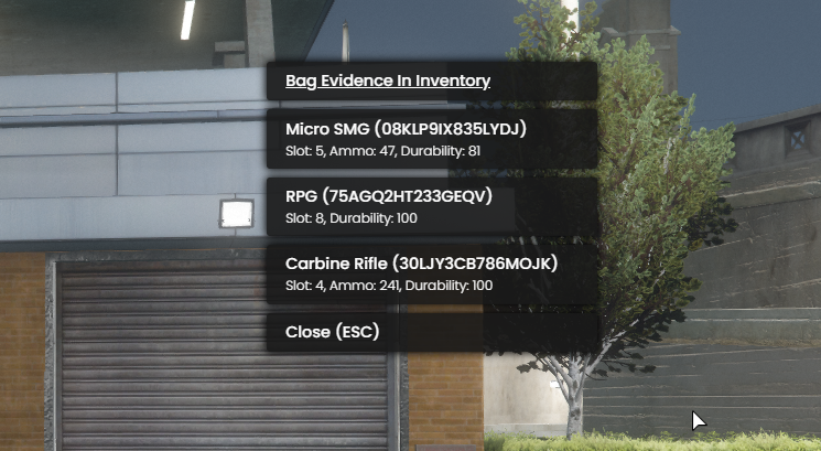 /bagevidence can be used to bag any weapon in your inventory