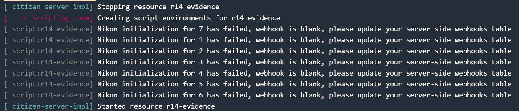 View of txadmin during startup while missing webhooks