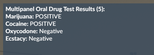 Results of a field drug test kit being used on a player.