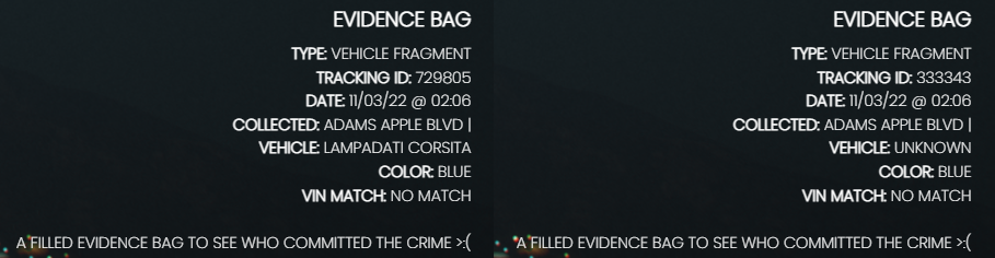 Vehicle fragment evidence bag information