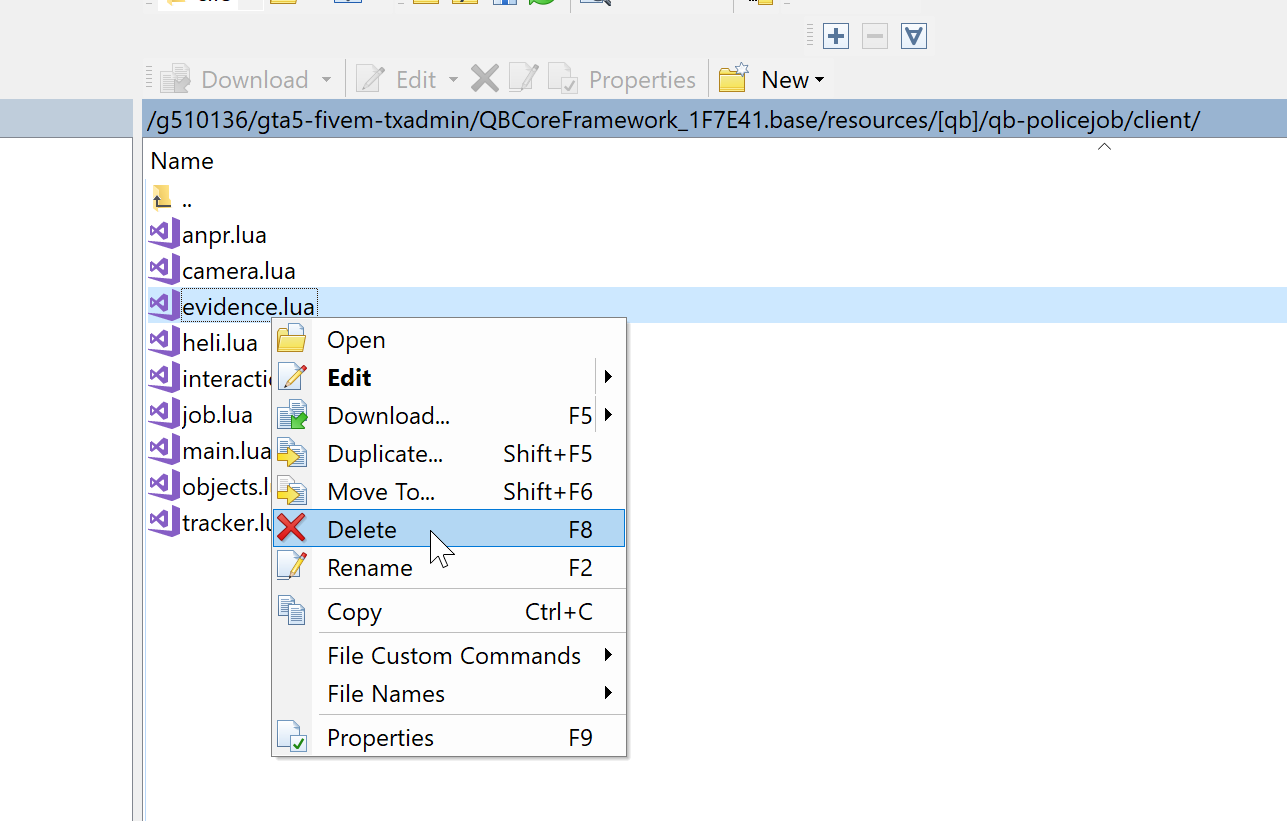 Deleting evidence.lua from our qb-policejob resource