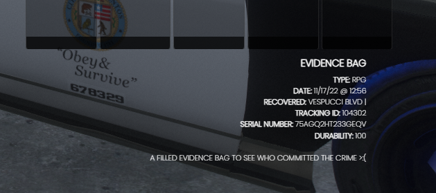 Weapon evidence bag information